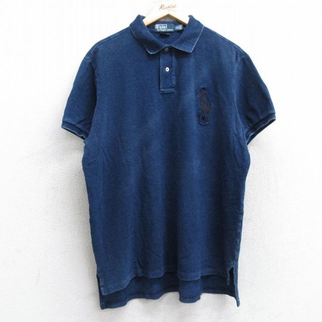XL★古着 ラルフローレン Ralph Lauren 半袖 ブランド ポロ シャツ メンズ 90年代 90s ビッグポニー 鹿の子 大きいサイズ コットン 濃紺 ネイビー 25sep03 中古 トップス