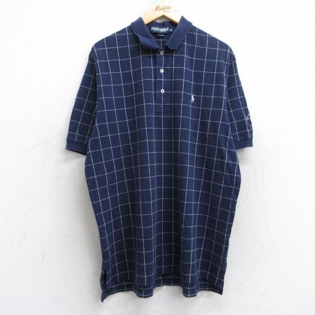 XL★古着 ラルフローレン Ralph Lauren ポロゴルフ 半袖 ブランド ポロ シャツ メンズ 90年代 90s ワンポイントロゴ 鹿の子 大きいサイズ コットン 紺 ネイビー チェック 【spe】 25sep03 中古 トップス