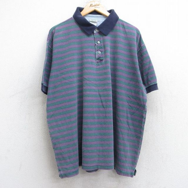 XL★古着 エルエルビーン LLBEAN 半袖 ブランド ポロ シャツ メンズ 90年代 90s 鹿の子 大きいサイズ 紫他 パープル ボーダー 25sep03 中古 トップス