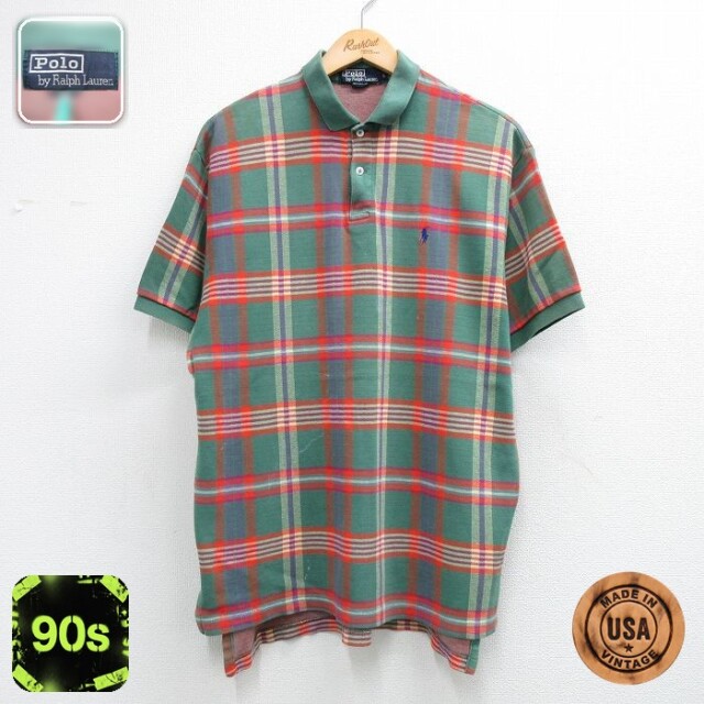 【20%OFF】ラルフローレン 90s 半袖ポロシャツ ワンポイントロゴ グリーンチェック メンズXL相当 | 古着