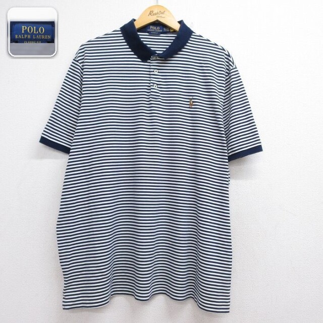 【20%OFF】ラルフローレン 半袖ポロシャツ ワンポイントロゴ ネイビーボーダー メンズXL相当 | 古着