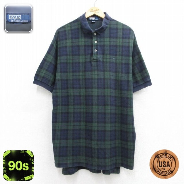【20%OFF】ラルフローレン 90s 半袖ポロシャツ ワンポイントロゴ ネイビータータンチェック メンズXL相当 | 古着