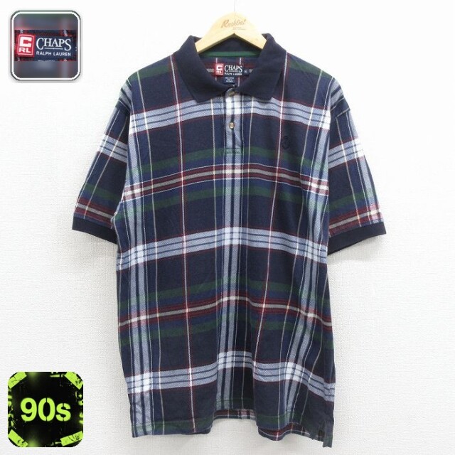ラルフローレン 90s 半袖ポロシャツ ワンポイントロゴ ネイビーチェック メンズXL相当 | 古着