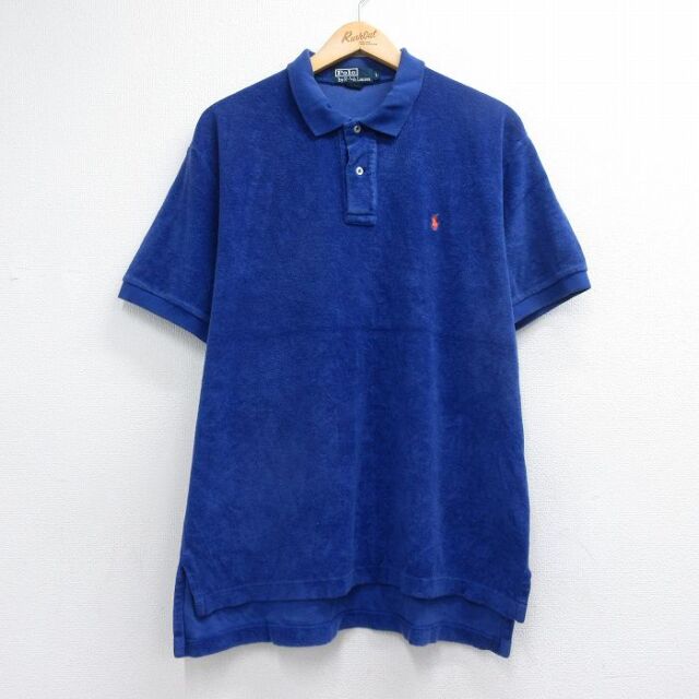 XL★古着 ラルフローレン 半袖 ブランド ポロ シャツ メンズ 90年代 90s ワンポイントロゴ パイル地 大きいサイズ コットン ブルー【spe】 26jul06