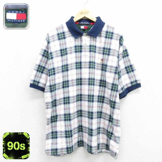 トミーヒルフィガー 90s 半袖ポロシャツ ワンポイントロゴ グリーンチェック メンズXL相当 | 古着