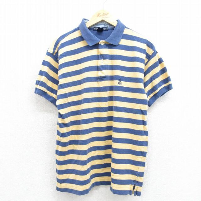 L★古着 ノーティカ 半袖 ブランド ポロ シャツ メンズ 90年代 90s ワンポイントロゴ 鹿の子 コットン イエロー ボーダー【spe】 26jul07