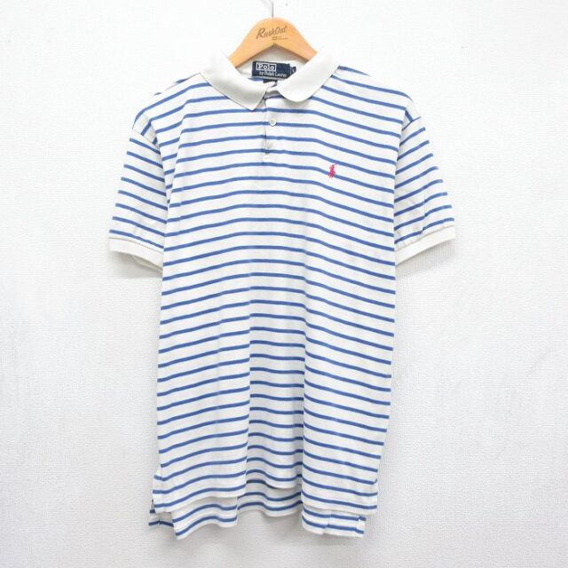 XL★古着 ラルフローレン 半袖 ブランド ポロ シャツ メンズ 90年代 90s ワンポイントロゴ 大きいサイズ コットン ホワイト ボーダー【spe】 26jul07