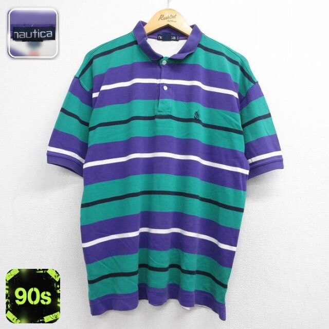 ノーティカ 90s 半袖ポロシャツ ワンポイントロゴ グリーンボーダー メンズXL相当 | 古着