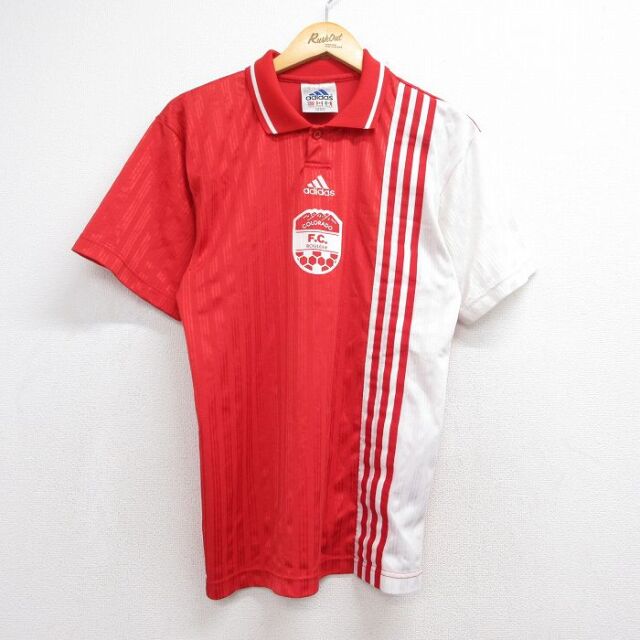 M★古着 アディダス adidas 半袖 ブランド ポロ シャツ メンズ 90年代 90s コロラドFCボルダー レッド ストライプ 3本ライン【spe】 26jul31
