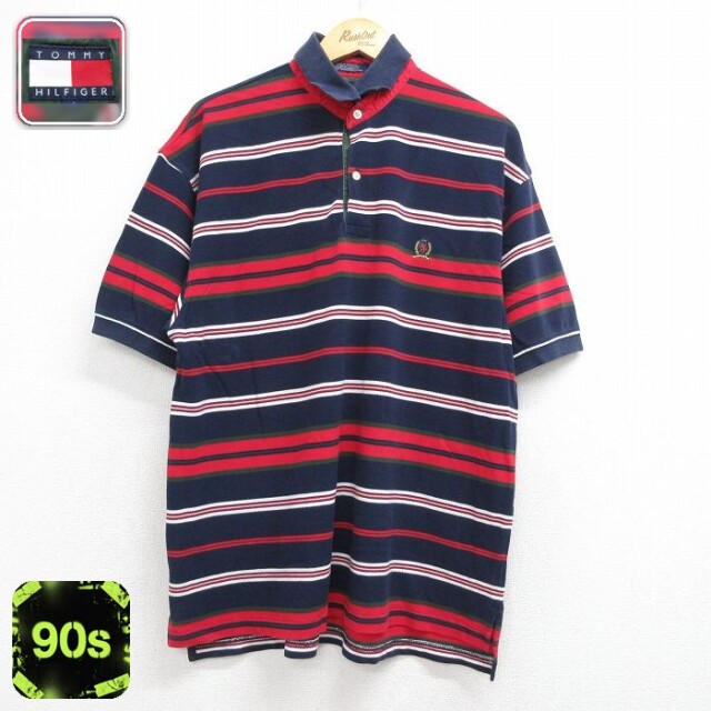 トミーヒルフィガー 90s 半袖ポロシャツ ワンポイントロゴ ネイビーボーダー メンズXL相当 | 古着