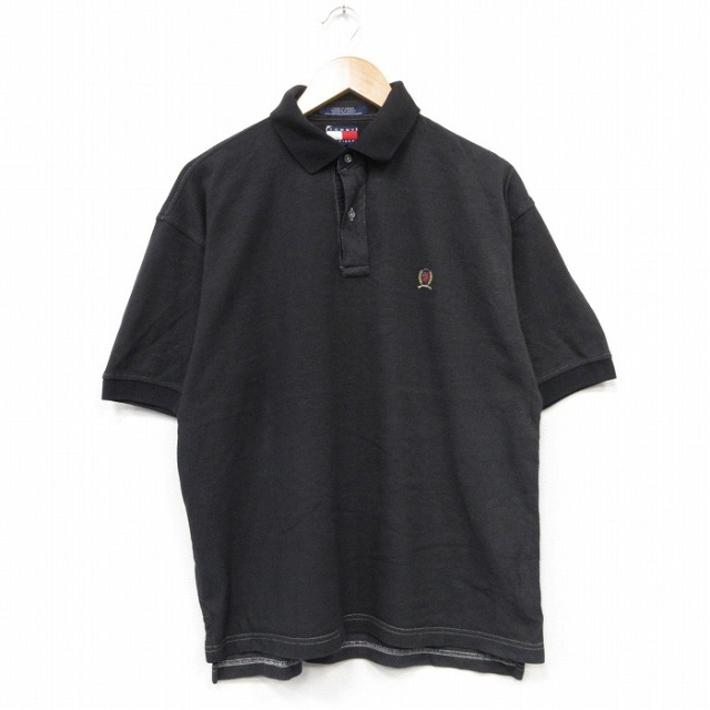 XL★古着 トミーヒルフィガー 半袖 ブランド ポロ シャツ メンズ 90年代 90s ワンポイントロゴ 鹿の子 コットン ブラック【spe】 26jul08