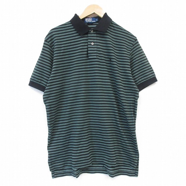 XL★古着 ラルフローレン 半袖 ブランド ポロ シャツ メンズ 90年代 90s ワンポイントロゴ 鹿の子 コットン グリーン ボーダー【spe】 26jul23