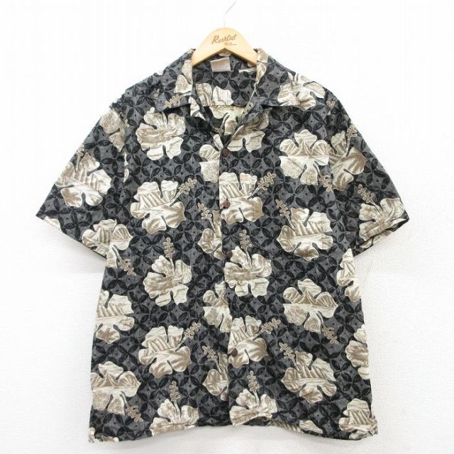 XL★古着 半袖 ハワイアン シャツ メンズ 90年代 90s ハイビスカス コットン 開襟 オープンカラー USA製 黒他 ブラック 25may21 中古 アロハ トップス