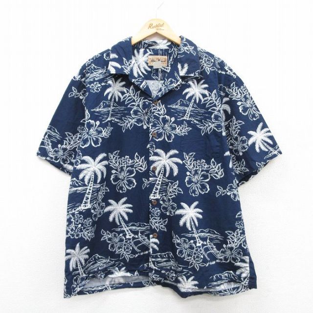 XL★古着 半袖 ハワイアン シャツ メンズ 90年代 90s ハイビスカス ヤシの木 大きいサイズ コットン 開襟 オープンカラー ハワイ製 紺他 ネイビー 25may21 中古 アロハ トップス