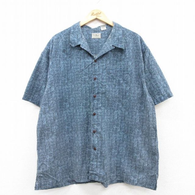 XL★古着 エルエルビーン LLBEAN 半袖 ハワイアン シャツ メンズ 00年代 00s 総柄 大きいサイズ コットン 開襟 オープンカラー 紺他 ネイビー 25may21 中古 アロハ トップス