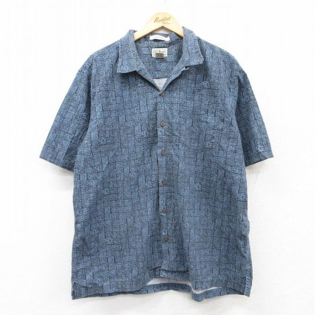 XL★古着 エルエルビーン LLBEAN 半袖 ハワイアン シャツ メンズ 00年代 00s 総柄 コットン 開襟 オープンカラー 紺他 ネイビー 25may21 中古 アロハ トップス