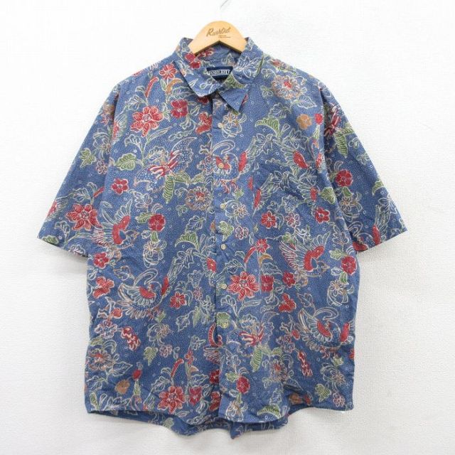 XL★古着 ランズエンド 半袖 ハワイアン シャツ メンズ 90年代 90s 花 鳥 大きいサイズ コットン USA製 紺他 ネイビー 【spe】 25may21 中古 アロハ トップス