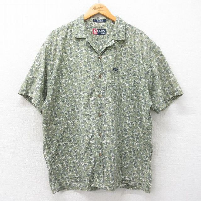 XL★古着 ラルフローレン Ralph Lauren チャップス 半袖 ハワイアン シャツ メンズ 90年代 90s ヤシの木 大きいサイズ コットン 開襟 オープンカラー 緑他 グリーン 【spe】 25may22 中古 アロハ トップス