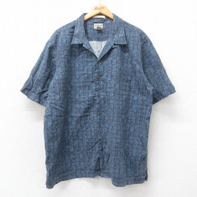 XL★古着 エルエルビーン LLBEAN 半袖 ハワイアン シャツ メンズ 00年代 00s 総柄 大きいサイズ コットン 開襟 オープンカラー 紺他 ネイビー 25may22 中古 アロハ トップス