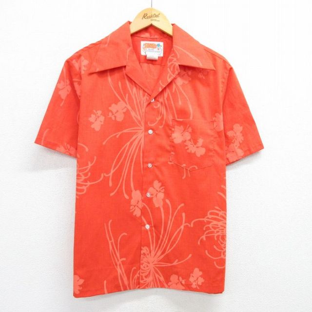 L★古着 半袖 ハワイアン シャツ メンズ 90年代 90s 花 開襟 オープンカラー オレンジ 25may23 中古 アロハ トップス
