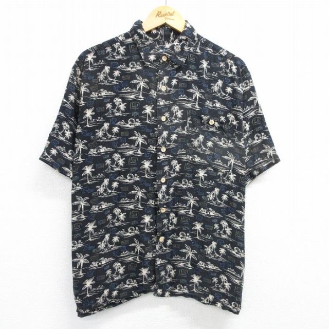 【50%OFF】XL★古着 ピューリタン 半袖 ハワイアン シャツ メンズ 00年代 00s ヤシの木 レーヨン 黒 ブラック 25may23 中古 アロハ トップス