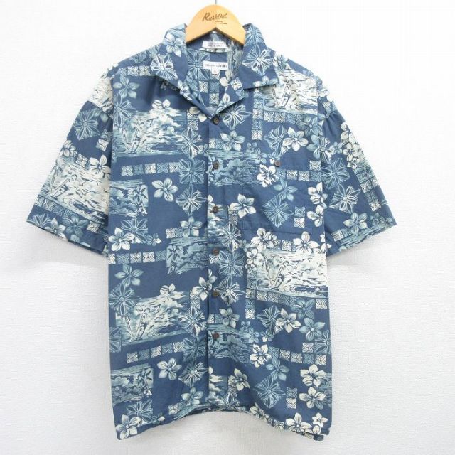 XL★古着 ピエールカルダン pierre cardin 半袖 ハワイアン シャツ メンズ 90年代 90s ヤシの木 花 大きいサイズ コットン 開襟 オープンカラー 紺 ネイビー 25may23 中古 アロハ トップス