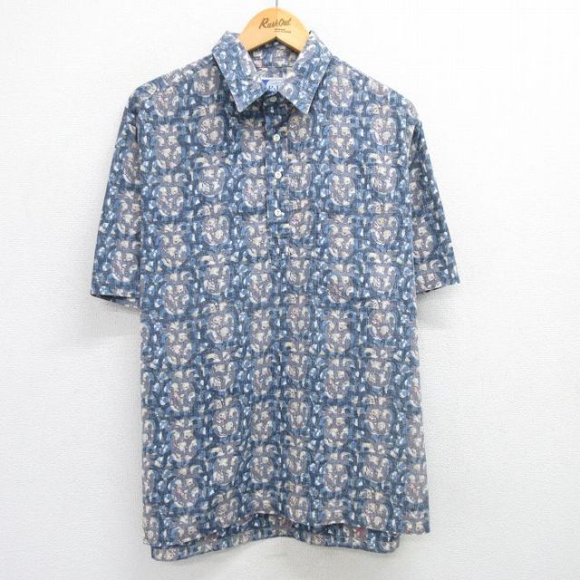 XL★古着 半袖 ハワイアン シャツ メンズ 90年代 90s パイナップル 大きいサイズ ハワイ製 紺他 ネイビー 25may23 中古 アロハ トップス