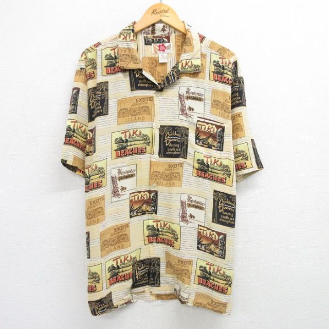 XL★古着 半袖 ハワイアン シャツ メンズ TIKI シルク 開襟 オープンカラー ベージュ カーキ 25may23 中古 アロハ トップス