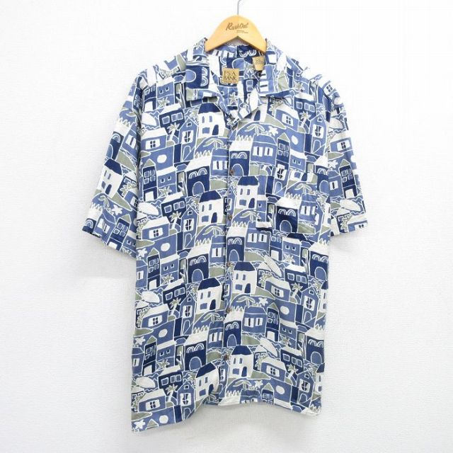 XL★古着 JOS A BANK 半袖 ハワイアン シャツ メンズ シルク 開襟 オープンカラー 紺 ネイビー 25may23 中古 アロハ トップス