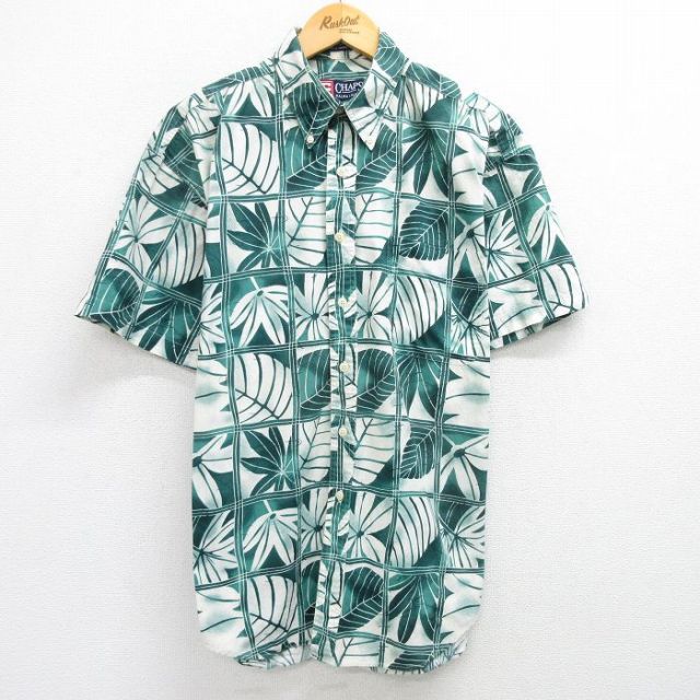 L★古着 ラルフローレン Ralph Lauren チャップス 半袖 ブランド ハワイアン シャツ メンズ 90年代 90s 葉 コットン ボタンダウン 緑他 グリーン 【spe】 25may23 中古 アロハ トップス