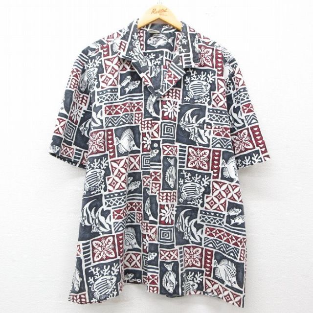 XL★古着 半袖 ハワイアン シャツ メンズ 90年代 90s 魚 大きいサイズ 開襟 オープンカラー ハワイ製 黒他 ブラック 25jun05 中古 アロハ トップス