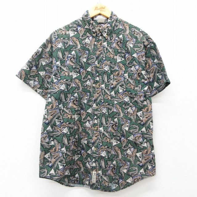 L★古着 コロンビア COLUMBIA 半袖 ハワイアン シャツ メンズ 90年代 90s 魚 ルアー ボタンダウン 緑他 グリーン 【spe】 25jun05 中古 アロハ トップス