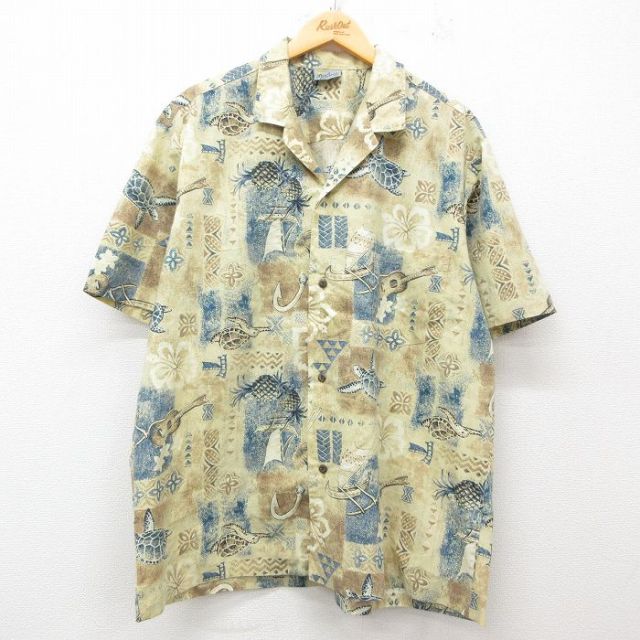 XL★古着 半袖 ハワイアン シャツ メンズ 90年代 90s ハイビスカス カメ ウクレレ 大きいサイズ 開襟 オープンカラー ハワイ製 ベージュ系 カーキ 25jun05 中古 アロハ トップス