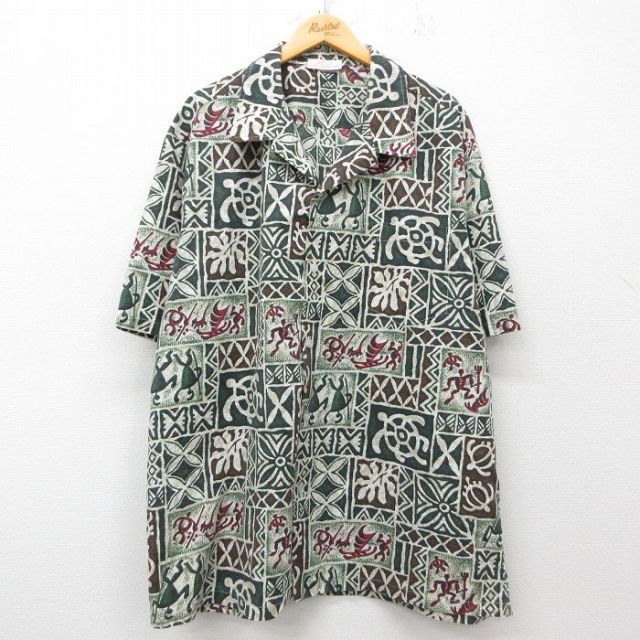 XL★古着 半袖 ハワイアン シャツ メンズ 90年代 90s 大きいサイズ ロング丈 開襟 オープンカラー ハワイ製 緑他 グリーン 25jun05 中古 アロハ トップス