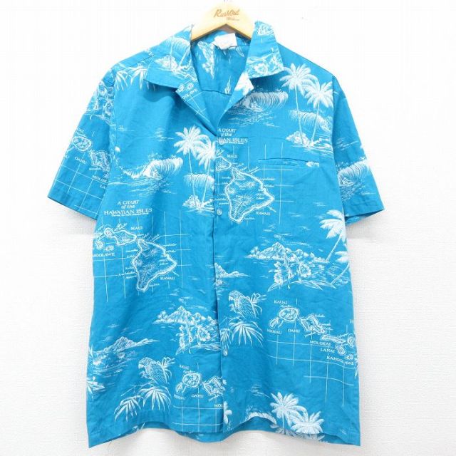 XL★古着 半袖 ハワイアン シャツ メンズ 90年代 90s ヤシの木 ハワイ製 水色 25jun05 中古 アロハ トップス