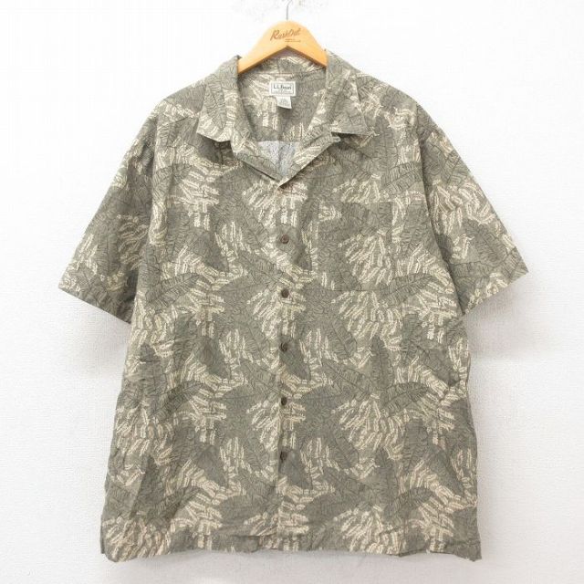 XL★古着 エルエルビーン LLBEAN 半袖 ハワイアン シャツ メンズ 00年代 00s 葉 大きいサイズ コットン 開襟 オープンカラー 緑 グリーン 【spe】 25jun09 中古 アロハ トップス