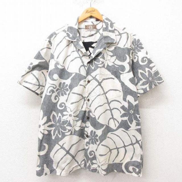 XL★古着 半袖 ハワイアン シャツ メンズ 90年代 90s 花柄 コットン 開襟 オープンカラー ハワイ製 黒 ブラック 25jun09 中古 アロハ トップス