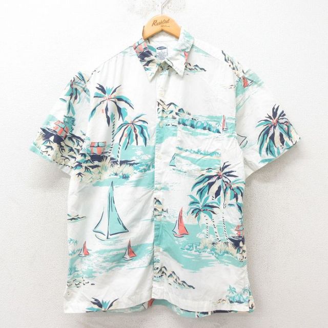 L★古着 オールドネイビー OLD NAVY 半袖 ハワイアン シャツ メンズ 00年代 00s ヨット ヤシの木 コットン 白 ホワイト 25jun09 中古 アロハ トップス