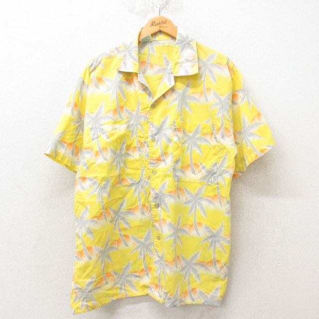 L★古着 トロピカーナ 半袖 ハワイアン シャツ メンズ 80年代 80s ヤシの木 開襟 オープンカラー 黄 イエロー 25jun09 中古 アロハ トップス