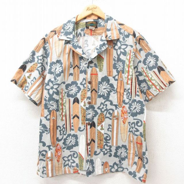 XL★古着 半袖 ハワイアン シャツ メンズ 90年代 90s ハイビスカス サーフボード 開襟 オープンカラー ハワイ製 薄紺 ネイビー 25jun09 中古 アロハ トップス