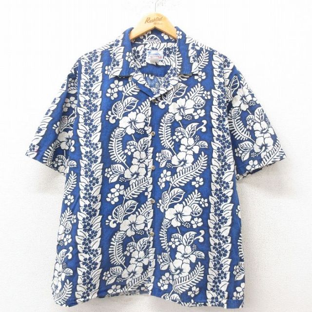 XL★古着 半袖 ハワイアン シャツ メンズ 90年代 90s ハイビスカス 開襟 オープンカラー ハワイ製 青 ブルー 25jun09 中古 アロハ トップス