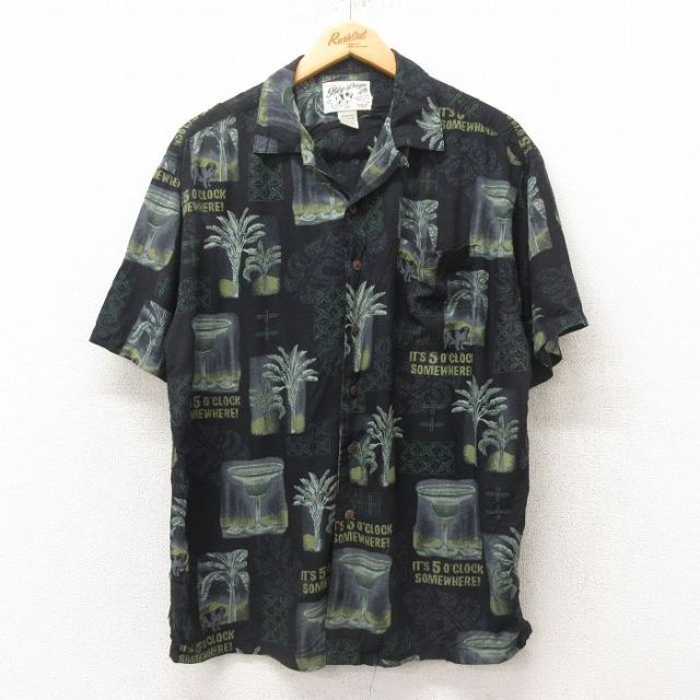 L★古着 ビッグドッグス 半袖 ハワイアン シャツ メンズ 00年代 00s カクテル 葉 レーヨン 開襟 オープンカラー 黒 ブラック 25jun09 中古 アロハ トップス