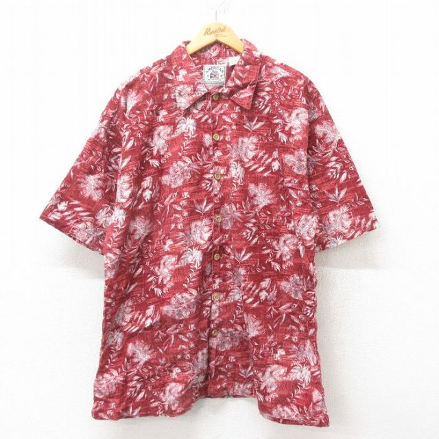 XL★古着 半袖 ハワイアン シャツ メンズ 葉 コットン エンジ 25jun09 中古 アロハ トップス