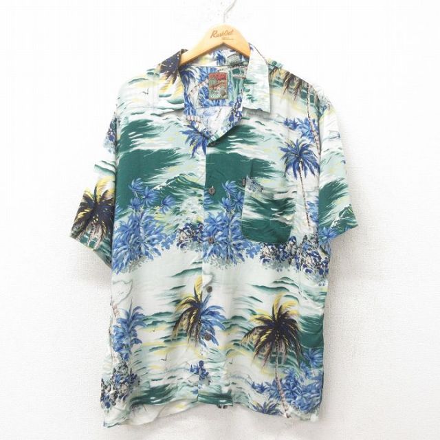XL★古着 半袖 ハワイアン シャツ メンズ 00年代 00s ヤシの木 レーヨン 開襟 オープンカラー 緑 グリーン 25jun09 中古 アロハ トップス