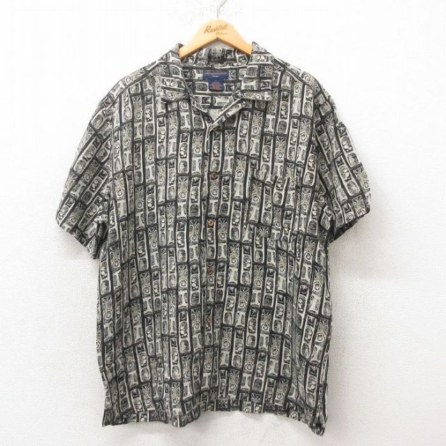 XL★古着 半袖 ハワイアン シャツ メンズ リネン 開襟 オープンカラー 薄ベージュ カーキ 25jun09 中古 アロハ トップス
