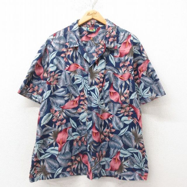 XL★古着 半袖 ハワイアン シャツ メンズ 90年代 90s 花柄 大きいサイズ コットン 開襟 オープンカラー 紺 ネイビー 25jun09 中古 アロハ トップス