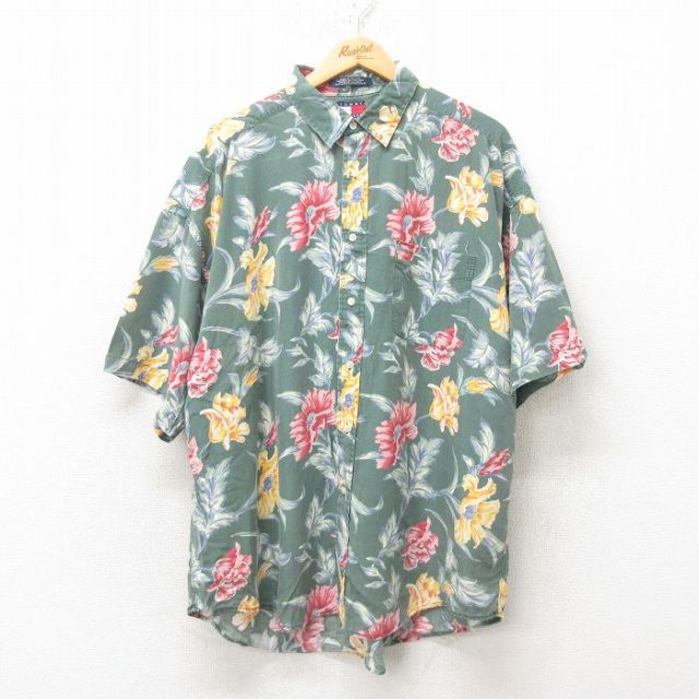 XL★古着 トミーヒルフィガー TOMMY HILFIGER 半袖 ブランド ハワイアン シャツ メンズ 90年代 90s 花柄 大きいサイズ レーヨン 緑 グリーン 【spe】 25jun09 中古 アロハ トップス