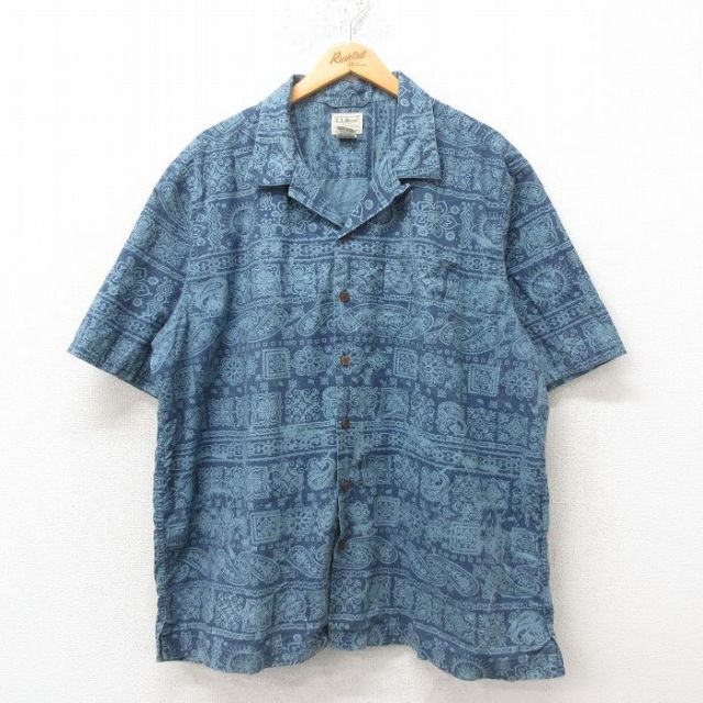 XL★古着 エルエルビーン LLBEAN 半袖 ハワイアン シャツ メンズ 00年代 00s 花柄 ペイズリー柄 大きいサイズ コットン 開襟 オープンカラー 紺 ネイビー 25jun09 中古 アロハ トップス