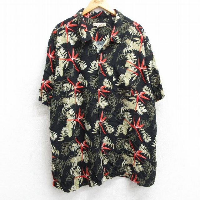 XL★古着 半袖 ハワイアン シャツ メンズ 葉 総柄 レーヨン 開襟 オープンカラー 黒他 ブラック 25jun09 中古 アロハ トップス