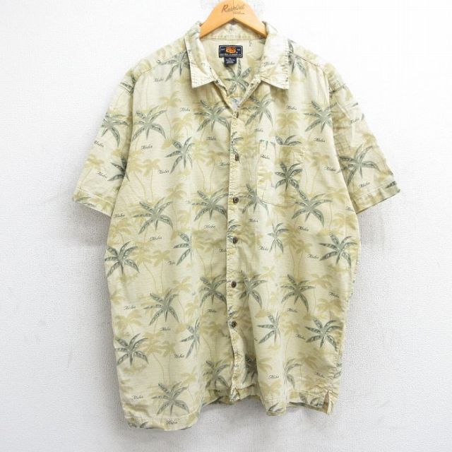 XL★古着 ルート66 半袖 ハワイアン シャツ メンズ 00年代 00s ヤシの木 総柄 大きいサイズ コットン 開襟 オープンカラー ベージュ他 カーキ 25jun09 中古 アロハ トップス